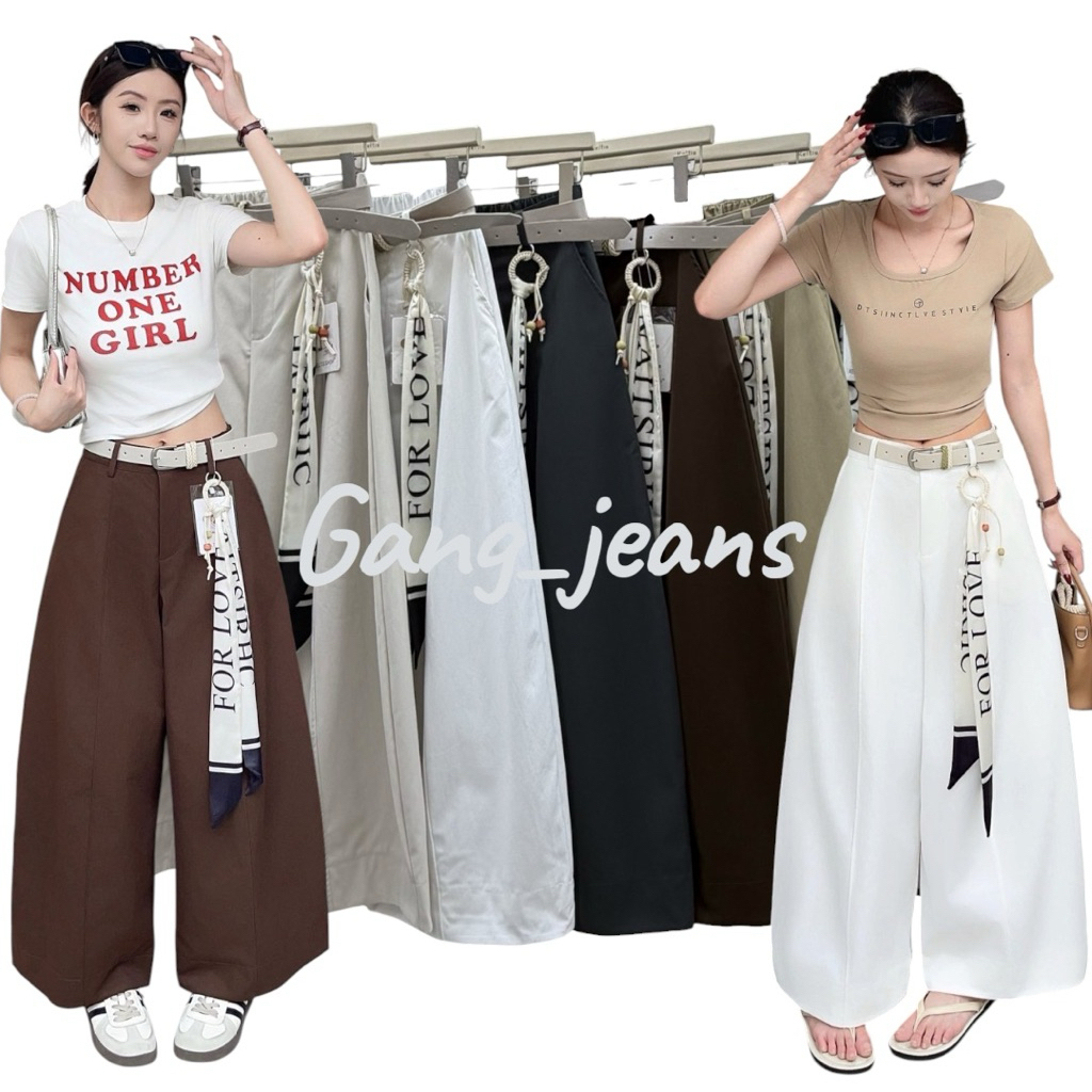 Gang_jeans#9509(K)กางเกงขายาวเอวสม็อคทรงกระบอกใหญ่ ผ้าร่มมินิมอล พร้อมเข็มขัดและผ้าห้อย แต่งลุคเกาหลี