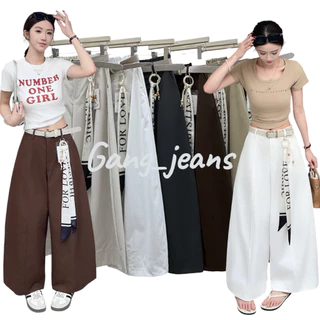 Gang_jeans#9509(K)กางเกงขายาวเอวสม็อคทรงกระบอกใหญ่ ผ้าร่มมินิมอล พร้อมเข็มขัดและผ้าห้อย แต่งลุคเกาหลี