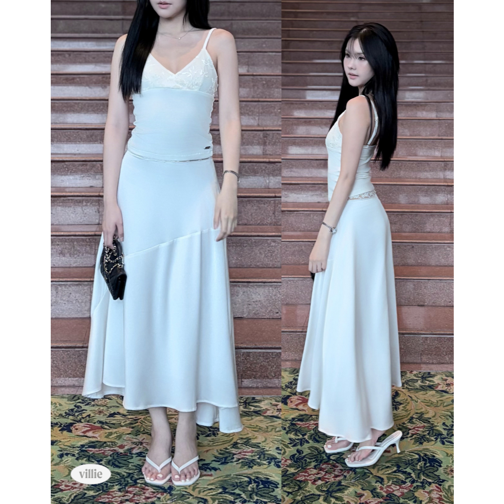 villie Snow Maxi Skirt กระโปรงยาวสีขาวดีเทลขอบเอวลูกไม้