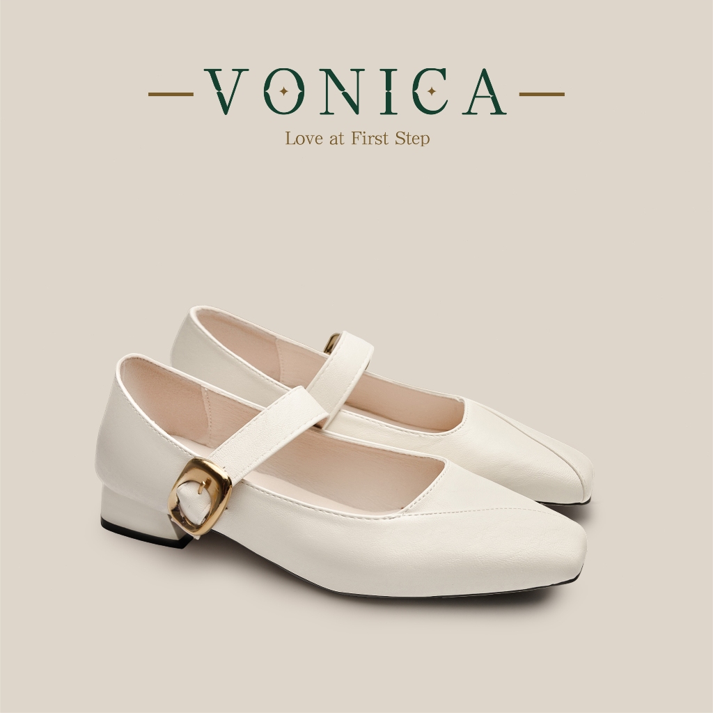 VONICA สีเบจ รองเท้าแมรี่เจนสายรัดแบน หัวสแควร์ ปากตื้น ส้นหนาสไตล์ฝรั่งเศสย้อนยุค