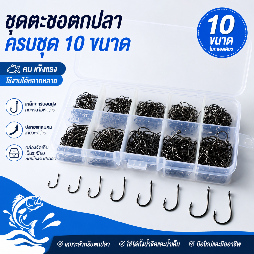 Luxe-T 500 ชิ้น/เซ็ต ตะขอตกปลา 3#-12# เหล็กคาร์บอน สีดำ Barbed Jig Hook Fishhooks พร้อมกล่องเก็บ อุปกรณ์ตกปลา COD