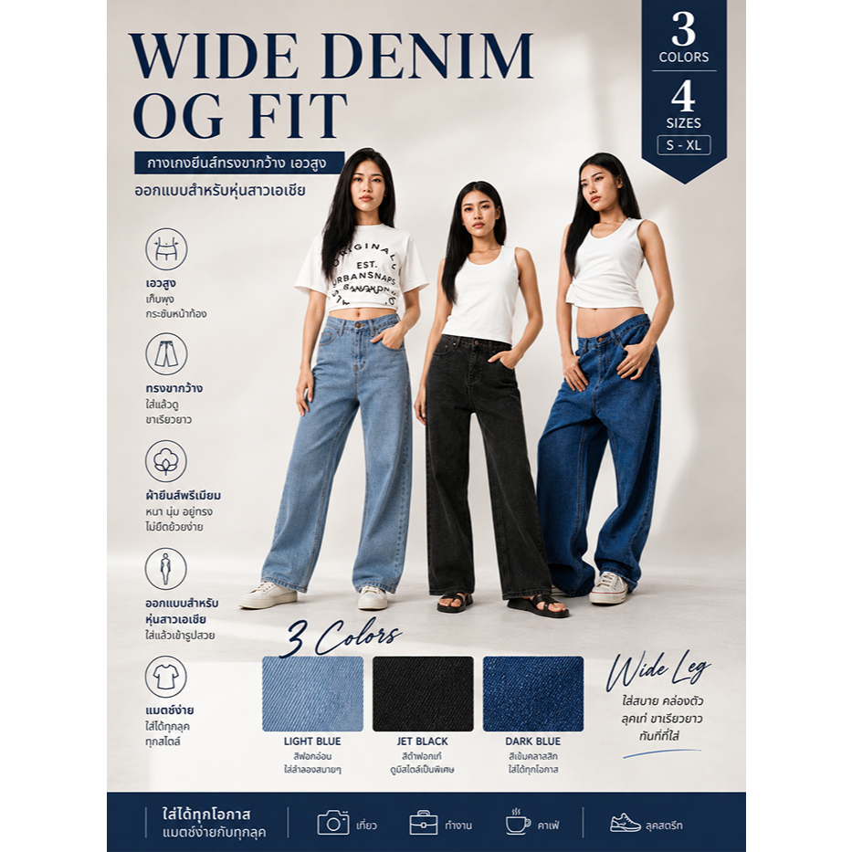 Urbansnaps Wide Denim OG Fit กางเกงยีนส์ทรงขากว้าง เอวสูง ออกแบบสำหรับหุ่นสาวเอเชีย มี 3 สี 4 ไซส์
