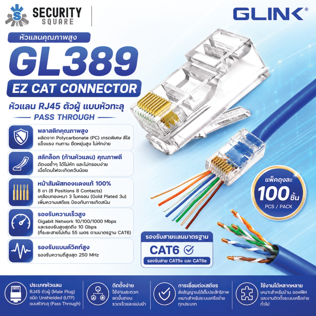 GLINK GL389 / GL-389 RJ-45 Plug Cat6 แบบหัวทะลุ (แพ๊ค 100 ชิ้น) หัว LAN แลน ตัวผู้ เข้าหัวง่าย มาตรฐ