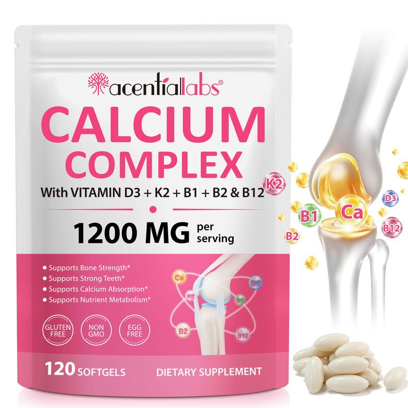 Acentiallabs แคลเซียม 1200 มก. วิตามิน D3 5000IU K2 B12 คอลลาเจน บำรุงกระดูก แคปซูลนิ่ม อาหารเสริม