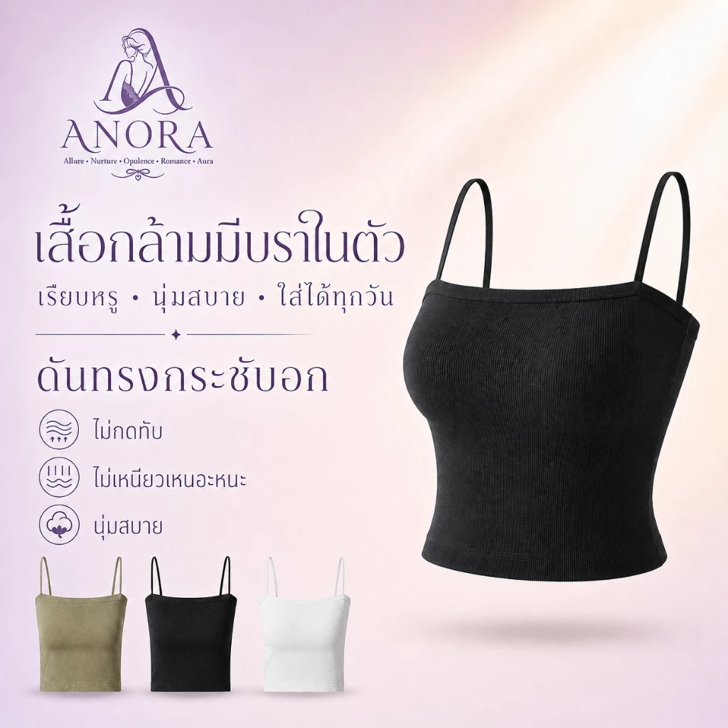 ANORA เสื้อกล้ามบราในตัว ผ้ายืดหยุ่น ดันทรงกระชับอก เย็นสบายไม่อับชื้น เนื้อผ้าบางเบา ระบายอากาศ ราคาถูก