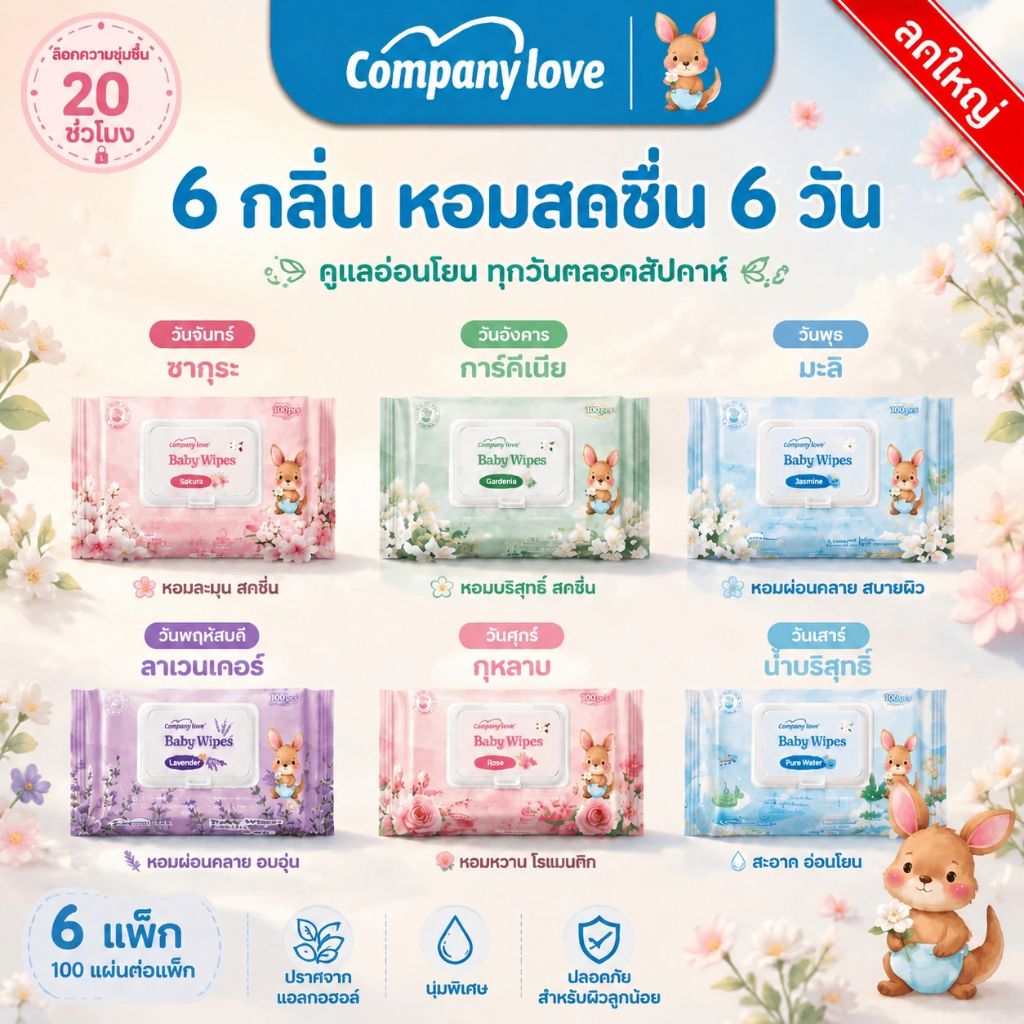 สินค้าใหม่ ชุดของขวัญทิชชู่เปียกสำหรับทารก Company Love 6 กลิ่น 6 ห่อ ซากุระ กุหลาบ ลาเวนเดอร์ ดอกมะลิฝรั่ง ดอกมะลิ น้ำบ