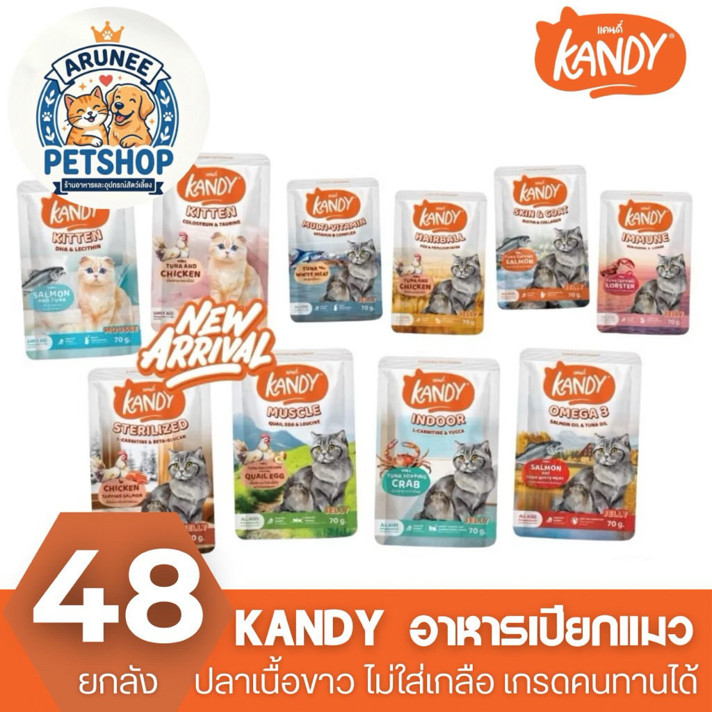 [ยกลัง 48 ซอง] Kandy แคนดี้ อาหารเปียกแมว ไม่ใส่เกลือ ผลิตจากปลาเนื้อขาว ขนาด 70 กรัม