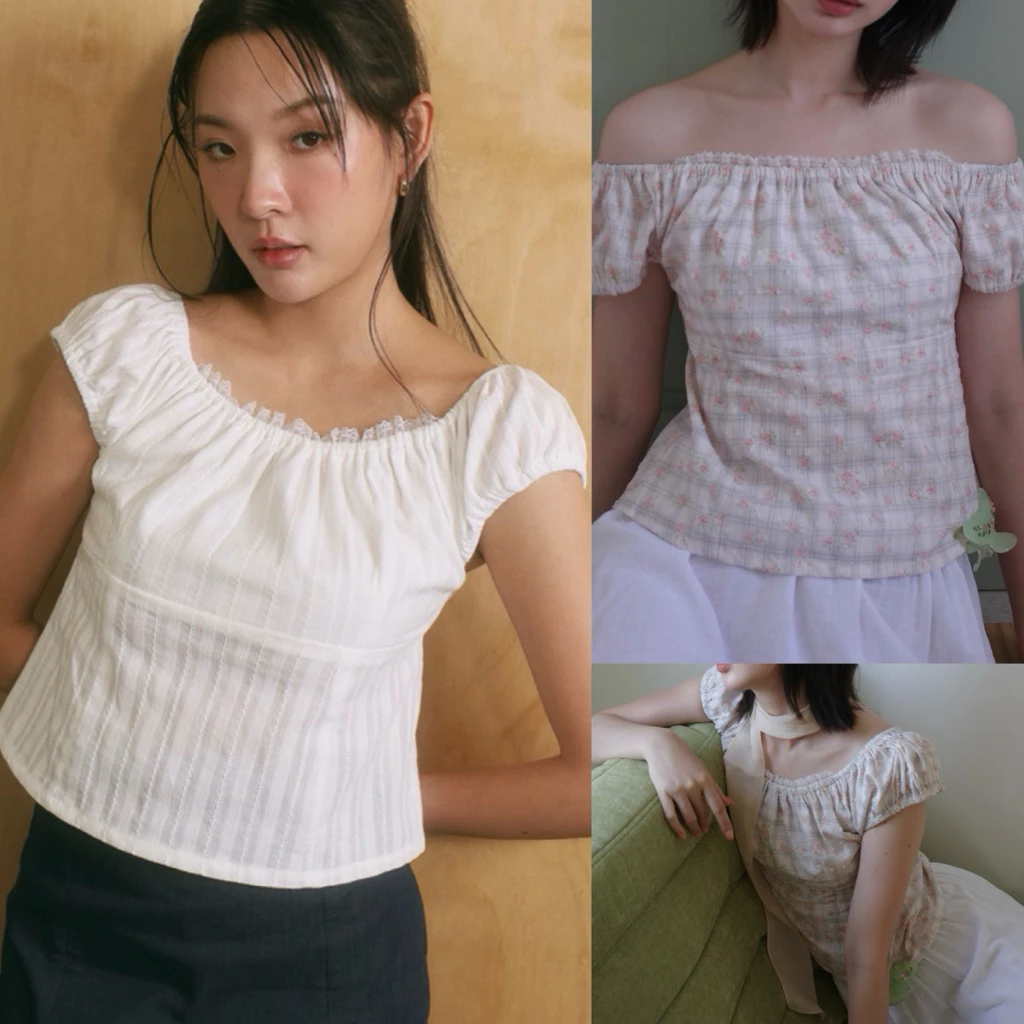 Theremin Betty top เสื้อลูกไม้แขนตุ๊กตาเข้ารูปตกแต่งลูกไม้ (White lace, grey & cream floral print)