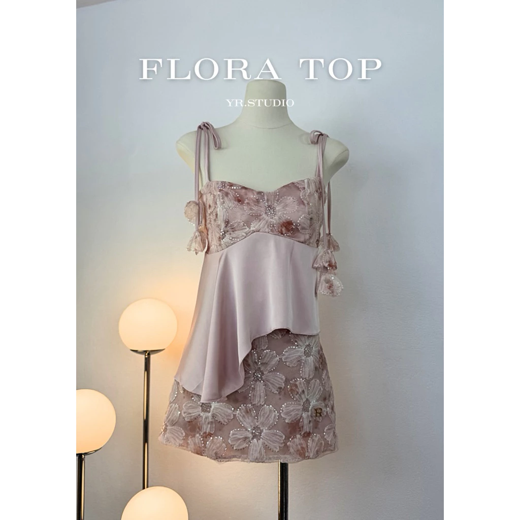 Flora Top (ราคา 390-) เสื้อสายเดี่ยวผ้าซาตินแต่งดอกไม้ handmade งานปักเลื่อม รอบอก30-42" ดีไซน์หรูหรา สำหรับผู้หญิง