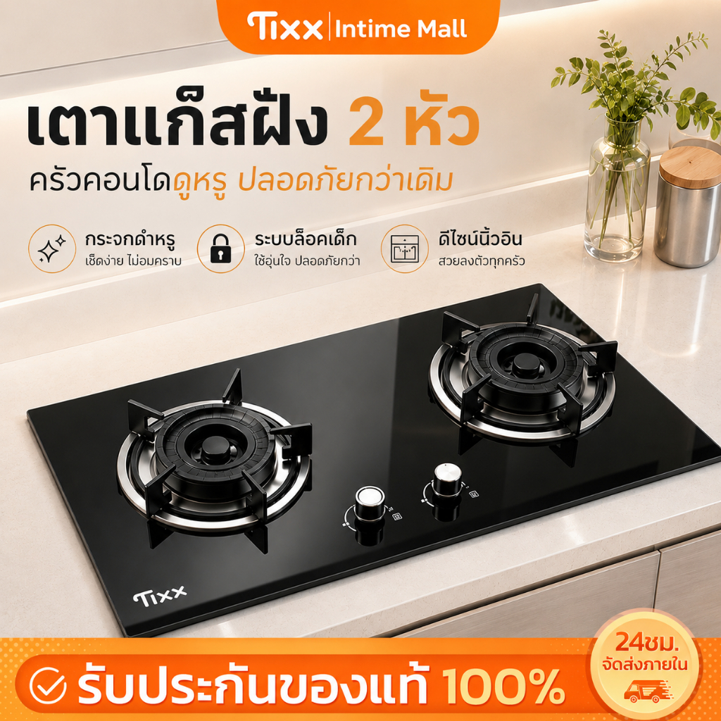เตาแก๊สฝัง 2 หัว กระจกดำ สำหรับคอนโด ครัวบิ้วอิน ล็อคเด็ก กระจกนิรภัย เช็ดทำความสะอาดง่าย TIXX