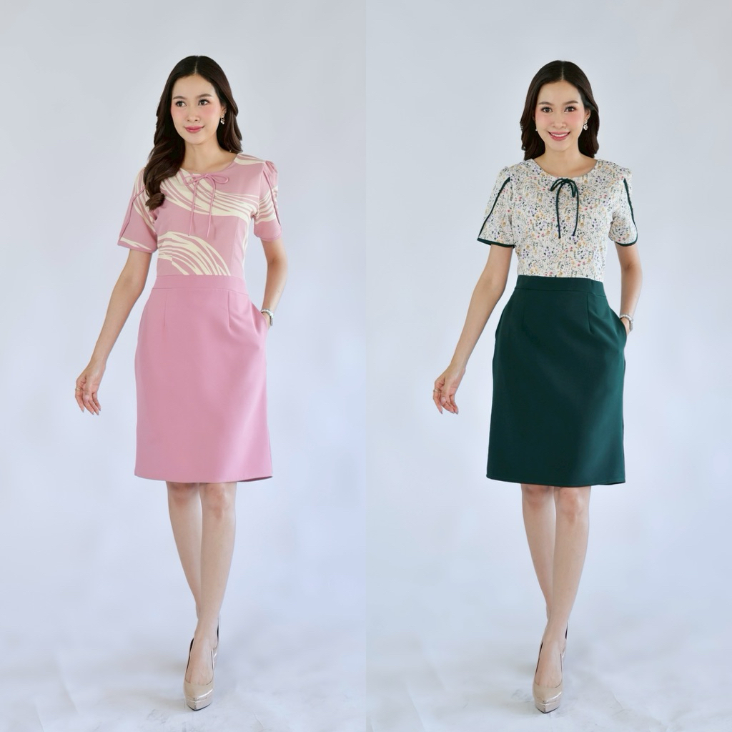 เดรสทำงานสุภาพผ้าลาย สีเขียว สีชมพู