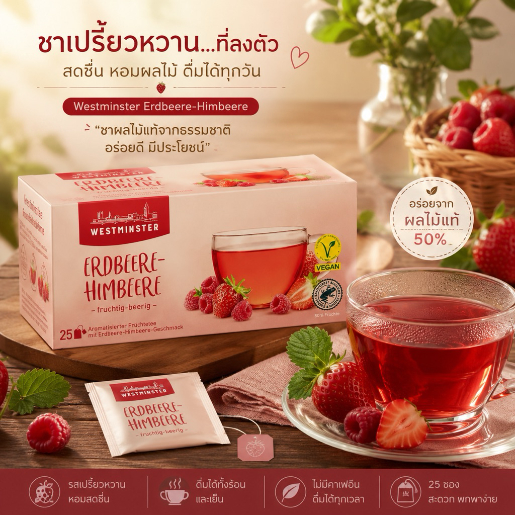 New ชาผลไม้สตอเบอรี่ราสเบอรี่ นำเข้าจากประเทศเยอรมัน บรรจุ 25ซอง