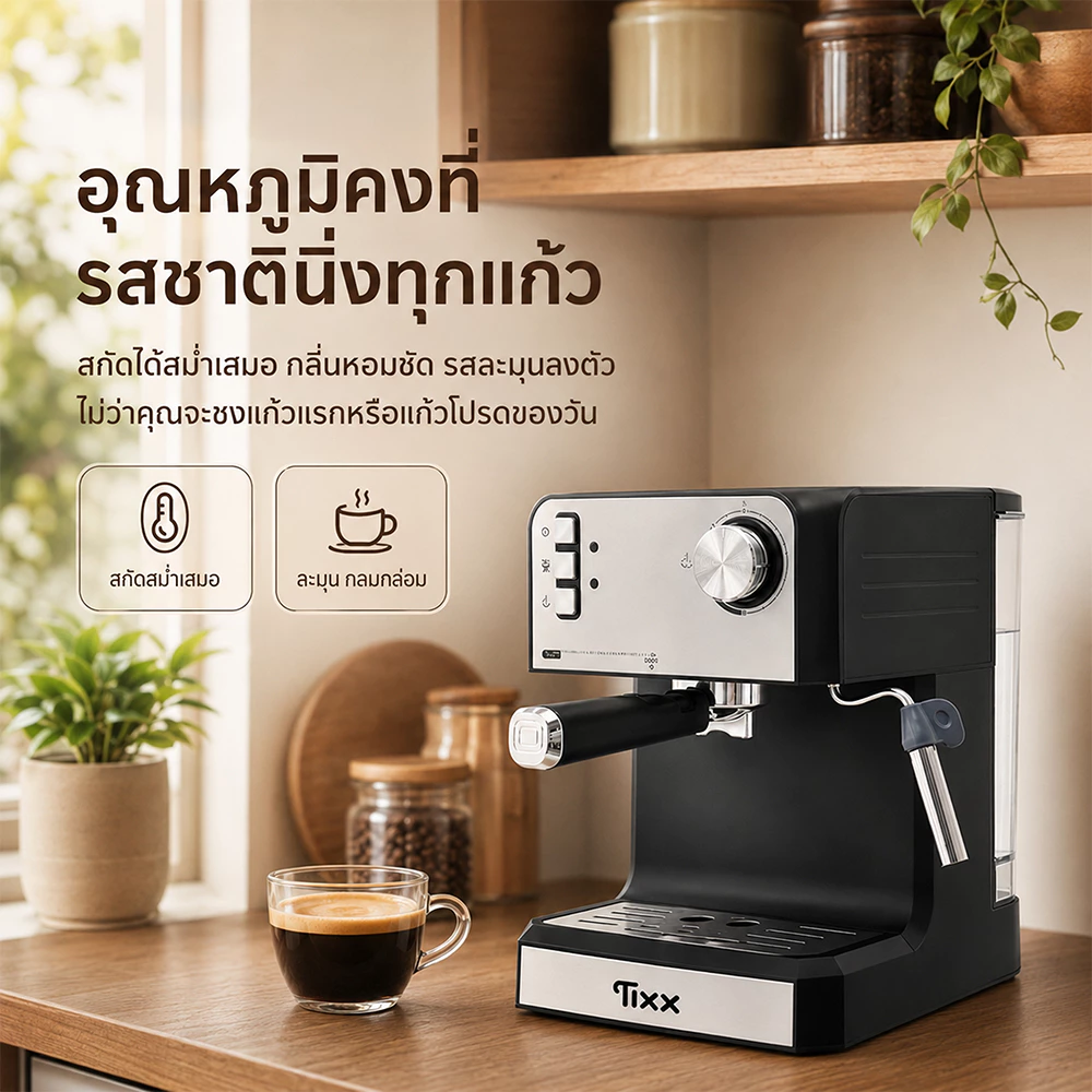 Tixx เครื่องชงกาแฟสด 20 Bar กึ่งอัตโนมัติ 850W พร้อมก้านตีฟองนม ชงเอสเปรสโซ ลาเต้ คาปูชิโน่ ORM-6821 thumbnail 7
