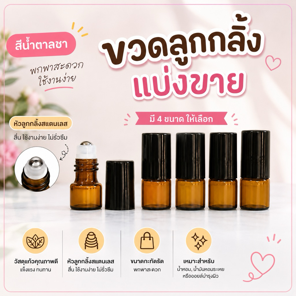 ( แบ่งขาย 1 ขวด) ขวดลูกกลิ้งแก้ว สีชา-ฝาดำ 1/2/3/5/10ml. wร้อมส่ง