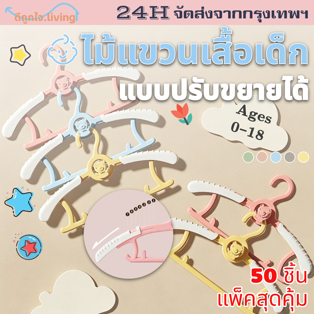 【สินค้าพร้อมส่ง】 ดีถูกใจ.ไม้แขวนเสื้อเด็ก แบบปรับขยายได้ ไม้แขวนเสื้อทารก กันลื่น ดีไซน์การ์ตูนหมีน่ารัก ไม่ทิ้งรอย