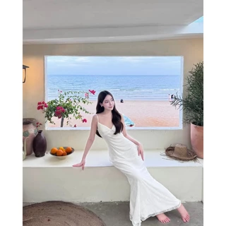 🌅💫Elena Dress💫🌅 เดรสยาวสีขาวลูกไม้ ดีไซน์คอวีสายเดี่ยว EN