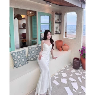 🌅💫Elena Dress💫🌅 เดรสยาวสีขาวลูกไม้ ดีไซน์คอวีสายเดี่ยว EN