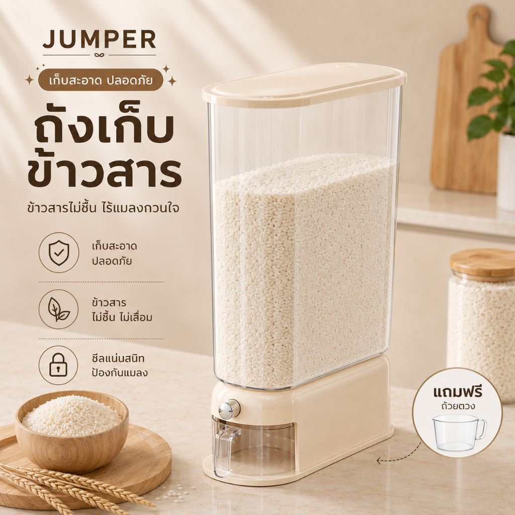 JUMPER KIDS กล่องเก็บข้าวสาร ถังข้าวสาร ถัง เก็บ ข้าว สาร ธัญพืช กล่องเก็บอาหารแห้ง ระบบปุ่มกด