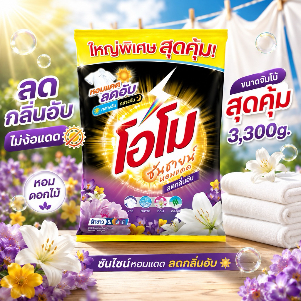 [1ถุง]โอโมซันไชน์ผงซักฟอกจัมโบ้สีดำลดกลิ่นอับ 3,300g.