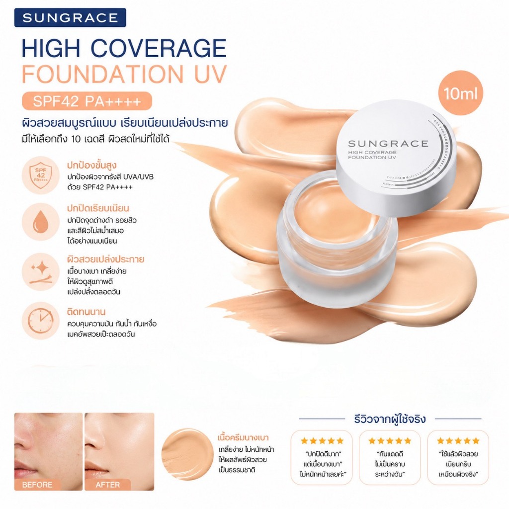 ไม่แท้คืนเงิน Sungrace High Coverage Foundation UV SPF42PA++++10ml รองพื้น&คอนซีลเลอร์