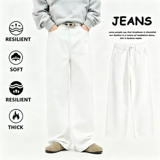 Geegoo กางเกงยีนส์ผู้ชายขากว้าง สไตล์อเมริกัน baggy jeans แบบเรียบง่าย ทรงกระบอกเอวสูง ขายาว ผ้าฝ้าย
