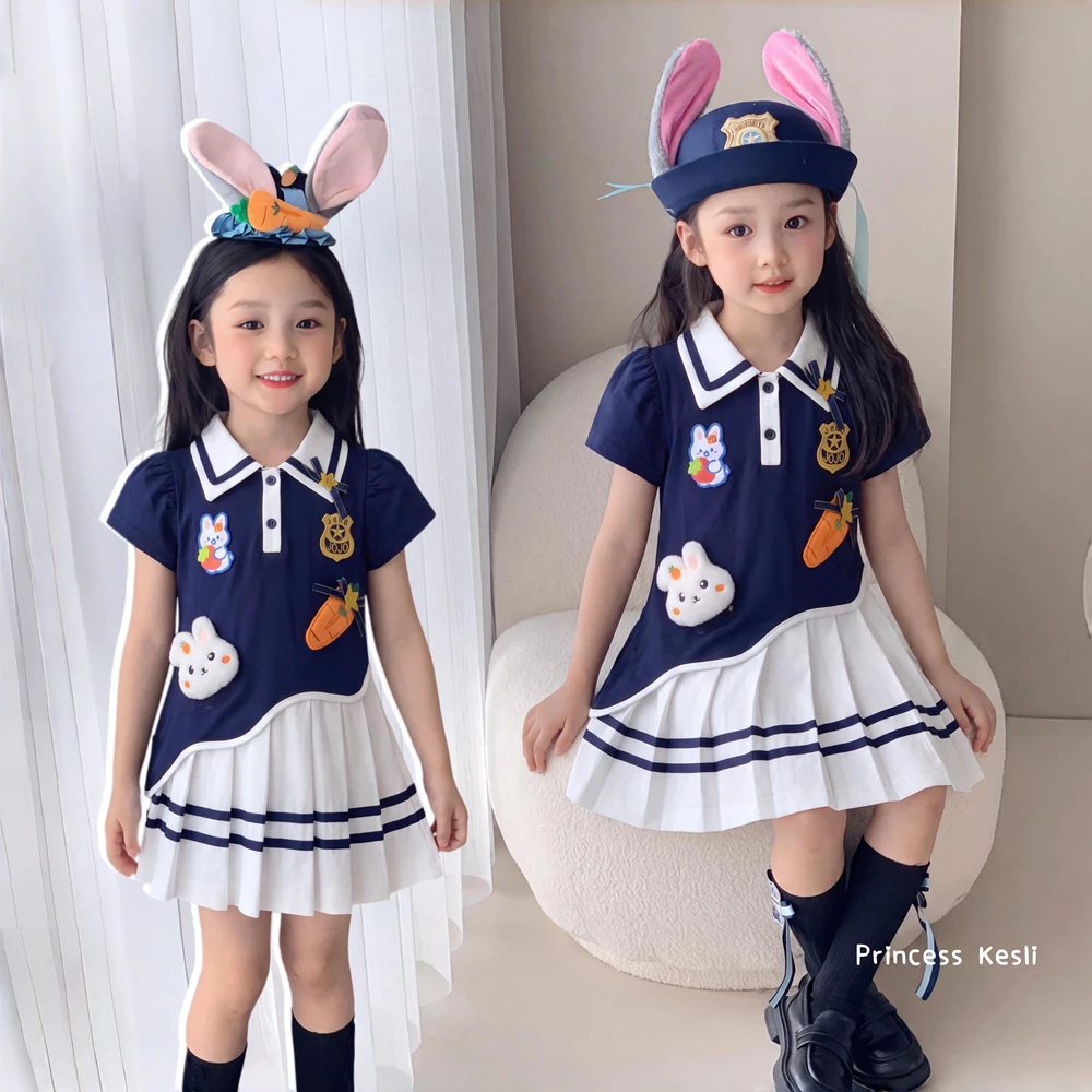 PRINCESS KESLI 1-9 ปี ชุดเดรสสาว เดรสโปโลเด็กผู้หญิง กระต่าย กระโปรงจีบสีขาว ผ้านิ่มใส่สบาย สไตล์น่ารัก ชุดเด็ก