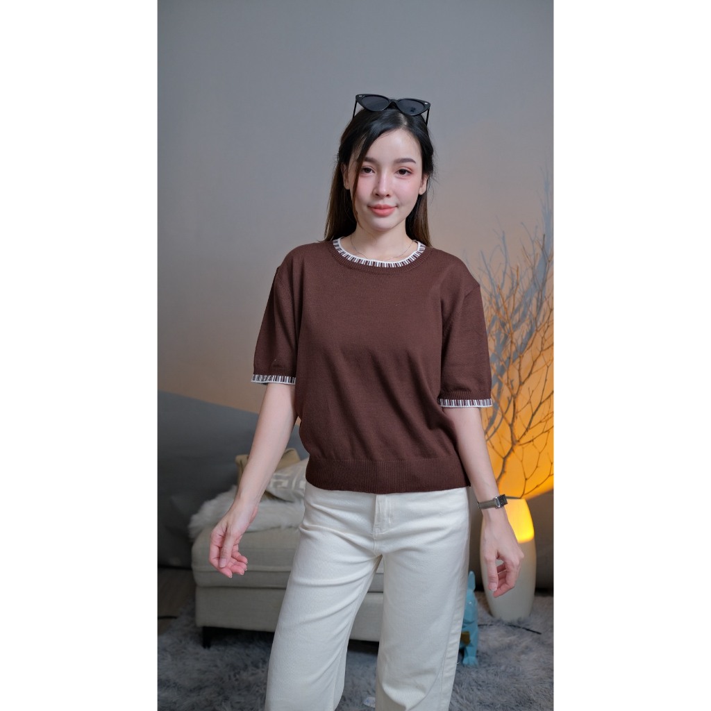 Chanan☘️ CN168 เสื้อไหมพรมแขนสั้น  ขอบริ้วทูโทน เรียบแต่เก๋ แมทช์ง่ายได้ทุกลุค   7สี (อก 30-44  นิ้ว