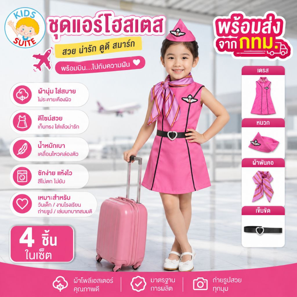 ชุดอาชีพเด็ก ชุดแอร์โฮสเตส [สีชมพู] ชุดผผู้ช่วยนักบิน เด็ก 2-9ปี ชุดเด็ก อาชีพในฝัน เสื้อผ้าเด็ก