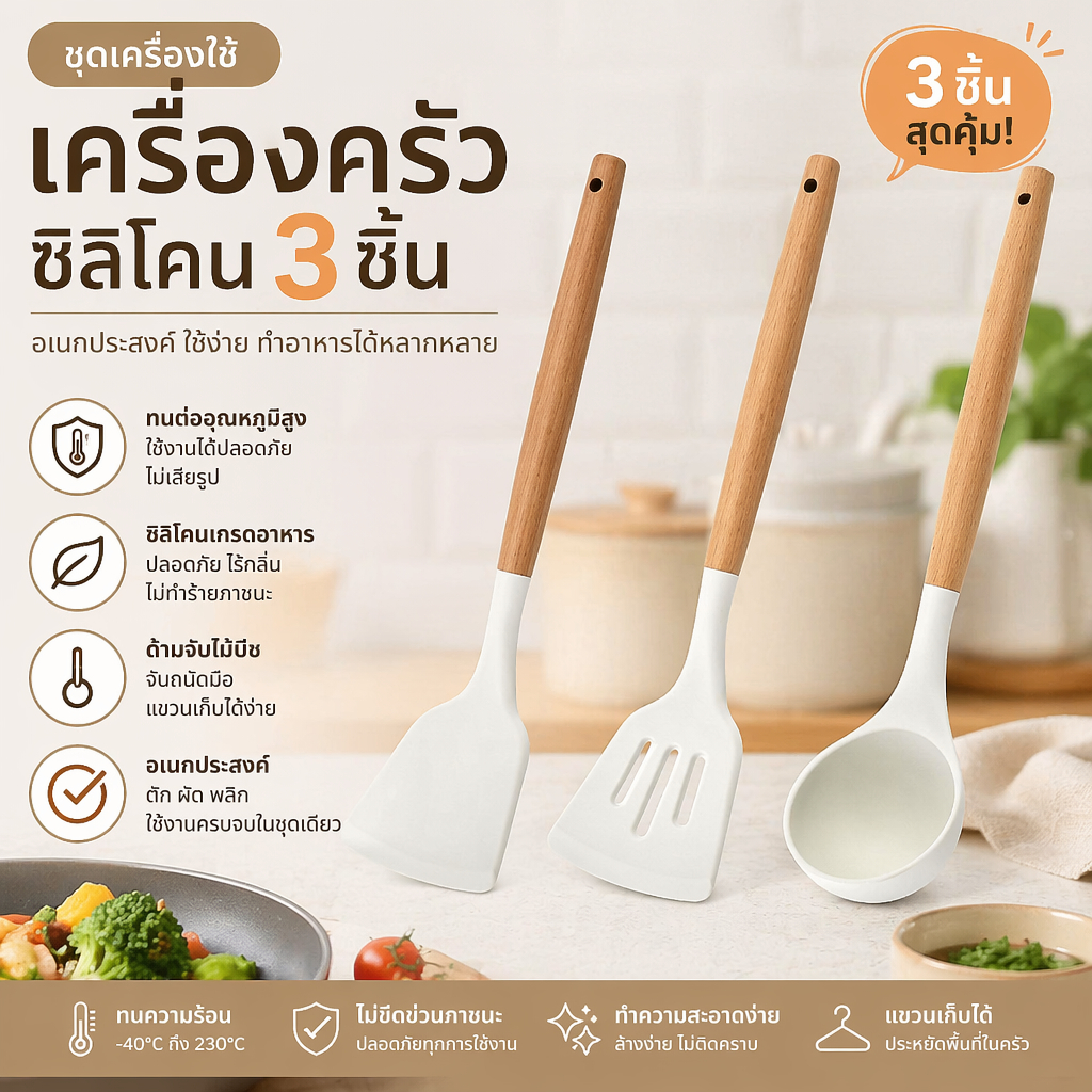 3 ชิ้น ขาว ซิลิโคน เครื่องครัว การปรุงอาหาร ทนต่ออุณหภูมิสูง แขวนได้ ชุดเครื่องใช้  อเนกประสงค์