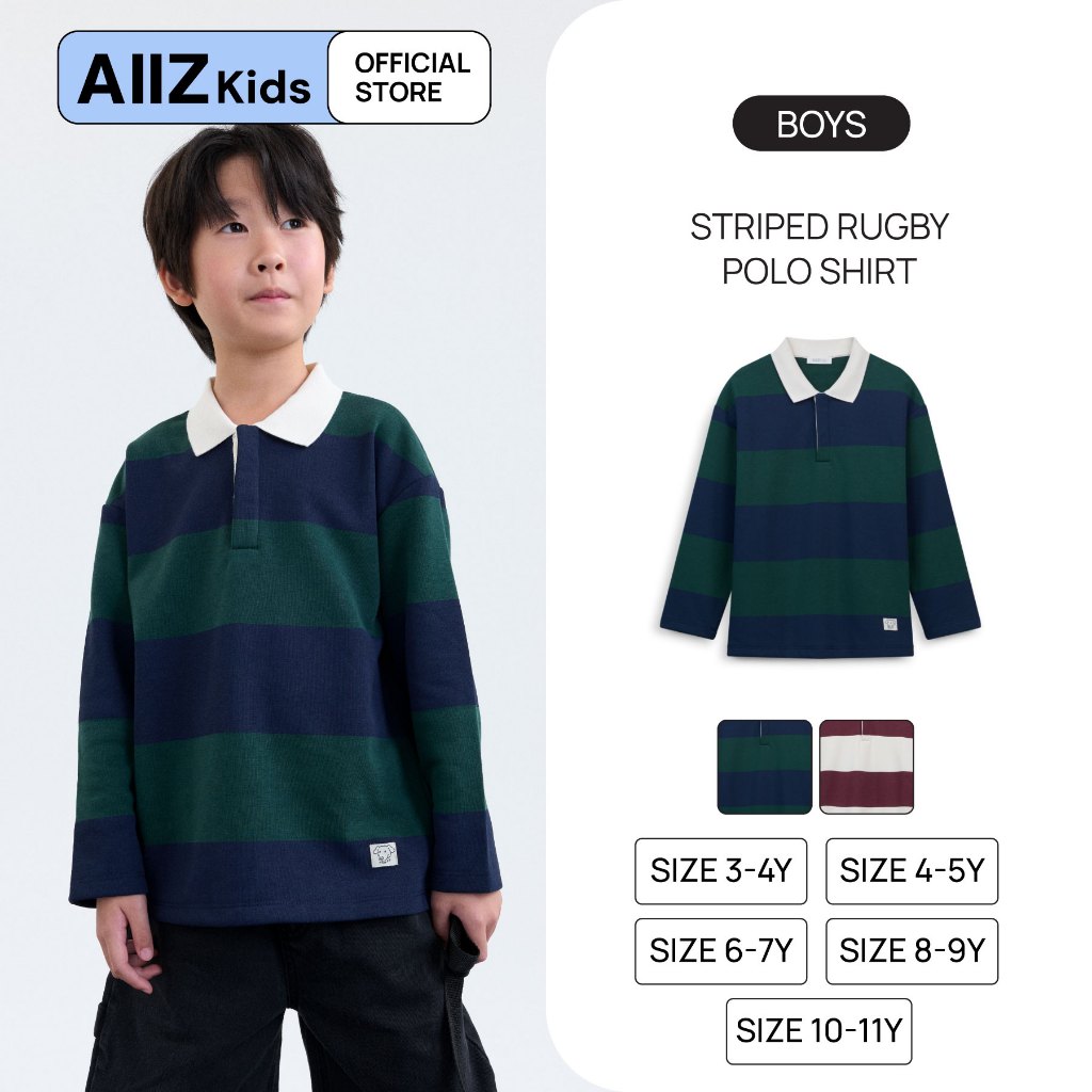 AIIZ (เอ ทู แซด) - AIIZ เสื้อโปโลเด็กผู้ชายแขนยาวลายทาง AIIZ Boy's Striped Rugby Polo Shirt