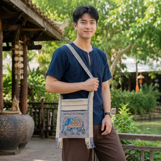 ย่ามลายช้าง สีครีม กระเป๋าย่าม ผ้านากา กระเป๋าสะพาย ผ้าพื้นเมือง คละสีคละลาย 2ช่อง 2ซิป มีซับใน ไซส์ 8/9/10/12 นิ้วส่งไว