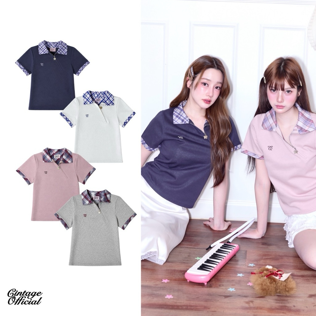 Cintage♡ CT2205 แขนสั้นคอปกซิปเฉียงmitty3272 💘