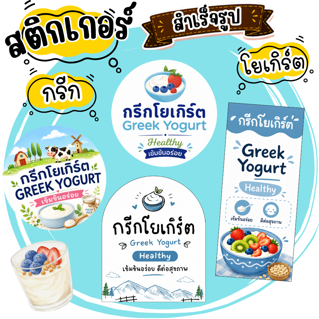 สติกเกอร์กรีกโยเกิร์ต Greek Yogurt ฉลากสินค้า โลโก้ (สำเร็จรูป) **กันน้ำ**