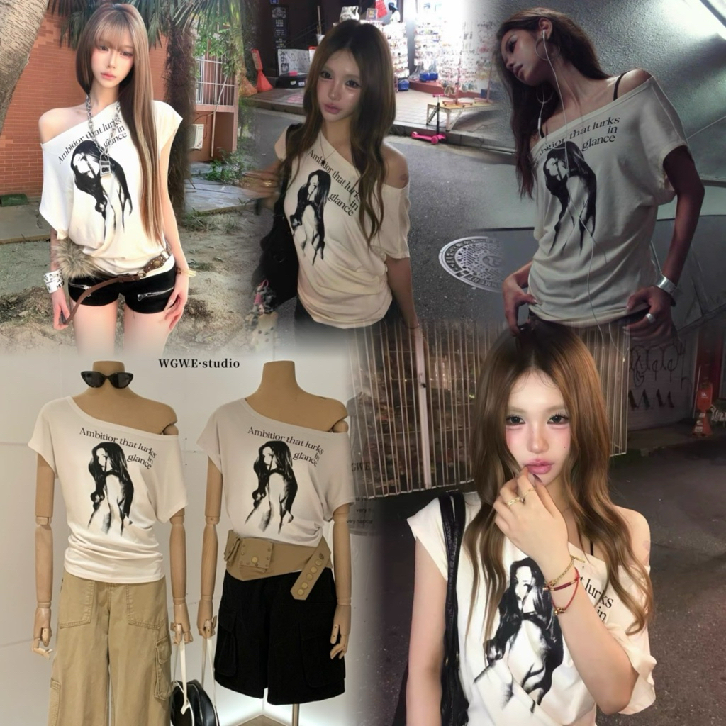 10311# เสื้อคอกว้างแขนสั้น สกรีนลายช่วงอก เนื้อผ้าดี ใส่สบาย TAG:WG.WE