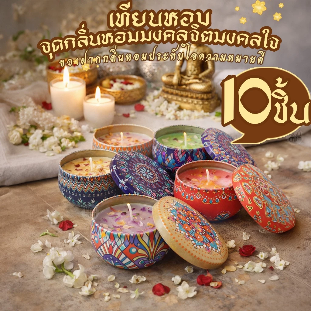เทียนหอม แพค10ชิ้น ตลับสีสวยมีกลิ่นหอมอโรม่า ทำจากไขถั่วเหลือง จุดไหว้พระพิฆเนศ CDC