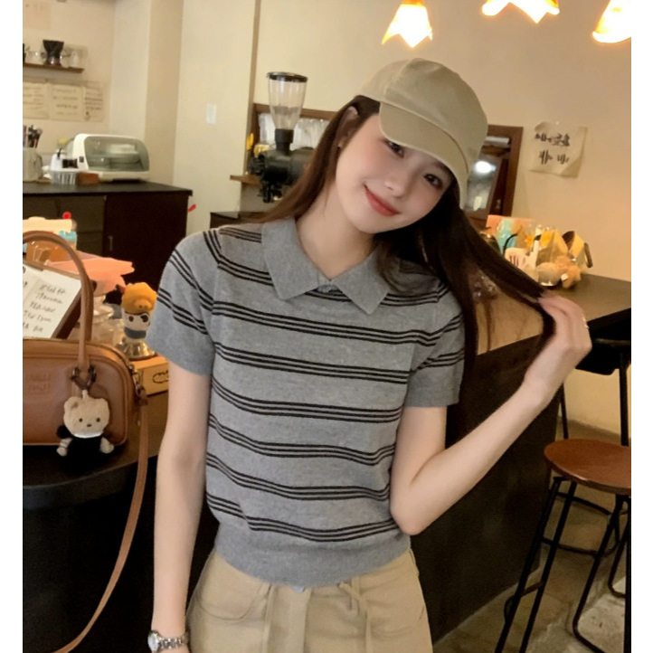 เสื้อโปโลไหมพรมผู้หญิง ลายทางแขนสั้น สไตล์เกาหลี รูปที่ 3