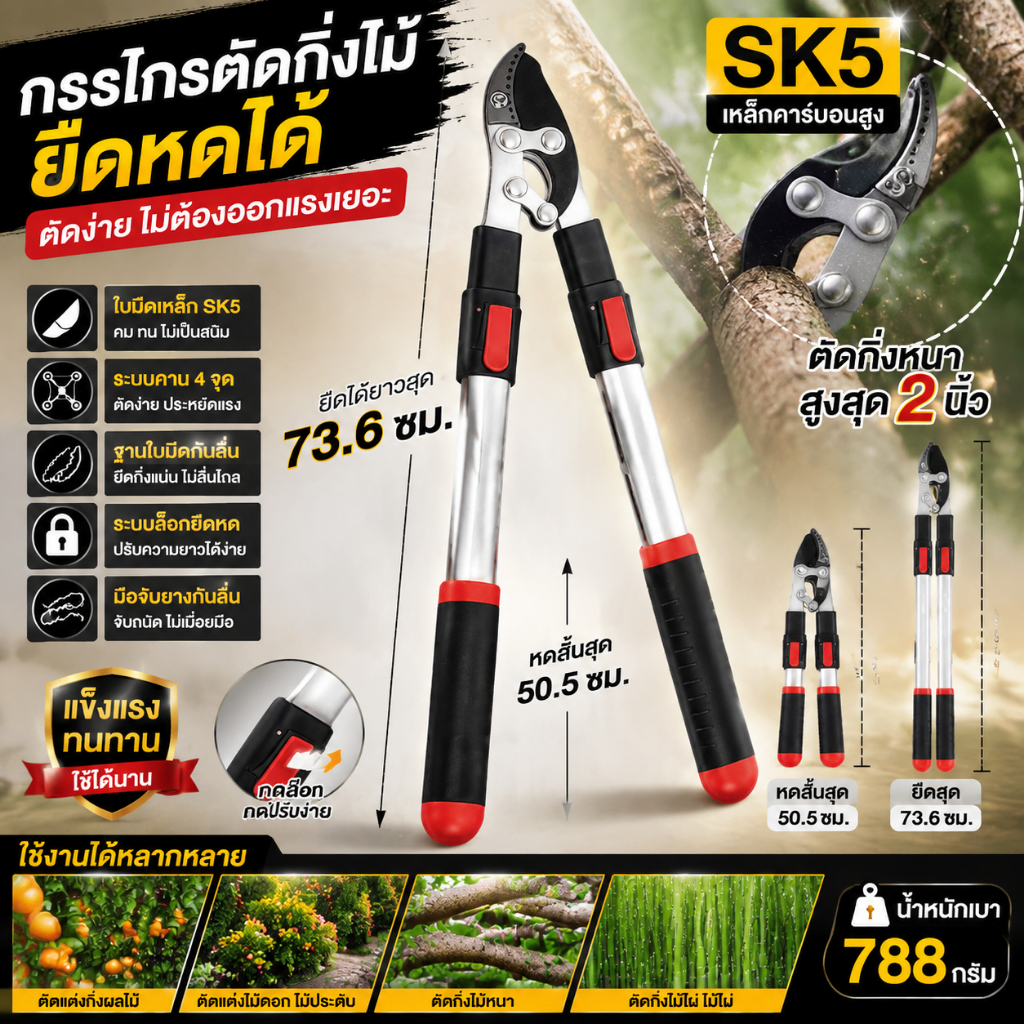 กรรไกรตัดกิ่ง กรรไกรตัดกิ่งไม้สูง กรรไกรตัดแต่งกิ่งไม้ ด้ามยาวแบบยืดได้ 50-73 ซม. ใบมีด SK5 ตัดกิ่งหนา 2 นิ้ว