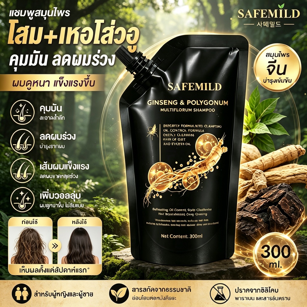 SAFEMILD แชมพูโสมและขิง บำรุงรากผม ป้องกันผมร่วง ลดผมหงอก ป้องกันรังแค แชมพูโสมและขิง