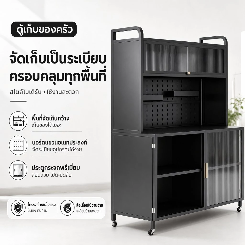 ตู้กับข้าวห้องครัว ตู้เก็บของใน 5ชั้น/6ชั้น มีล้อ ตู้เก็บของ ดีไซน์กันฝุ่น ประตูตู้พลิก การออกแบบบอร์ดรู