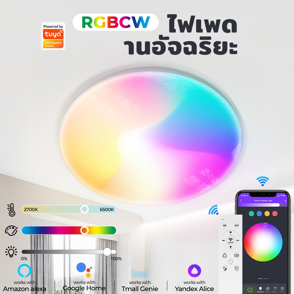 SMATRUL โคมไฟเพดาน LED อัจฉริยะ 24W WiFi RGB เปลี่ยนสีได้ 16 ล้านสี Tuya Smart ควบคุมผ่านแอป เสียง Alexa Google Home