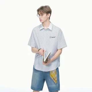💥BecoolMan💥สไตล์อเมริกัน ปลอมสองชิ้น เสื้อเชิ้ต ฤดูร้อน แขนสั้น รุ่นคู่รัก หลวมสบาย ลายเส้นสีตัดกัน สไตล์นักศึกษา