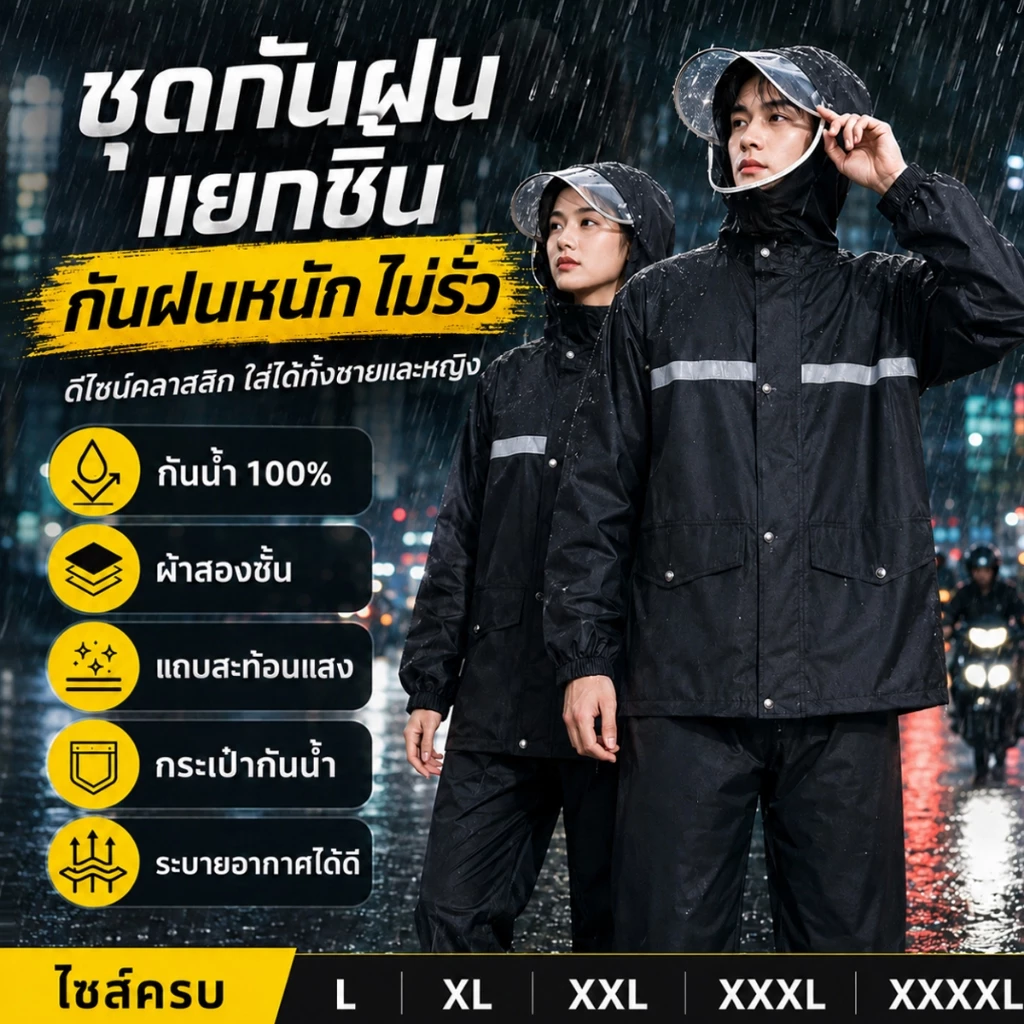 ส่งภายใน24ชม ชุดกันฝน มีแถบสะท้อนแสง รุ่นหมวกติดเสื้อ L-4XL มีหลากสี