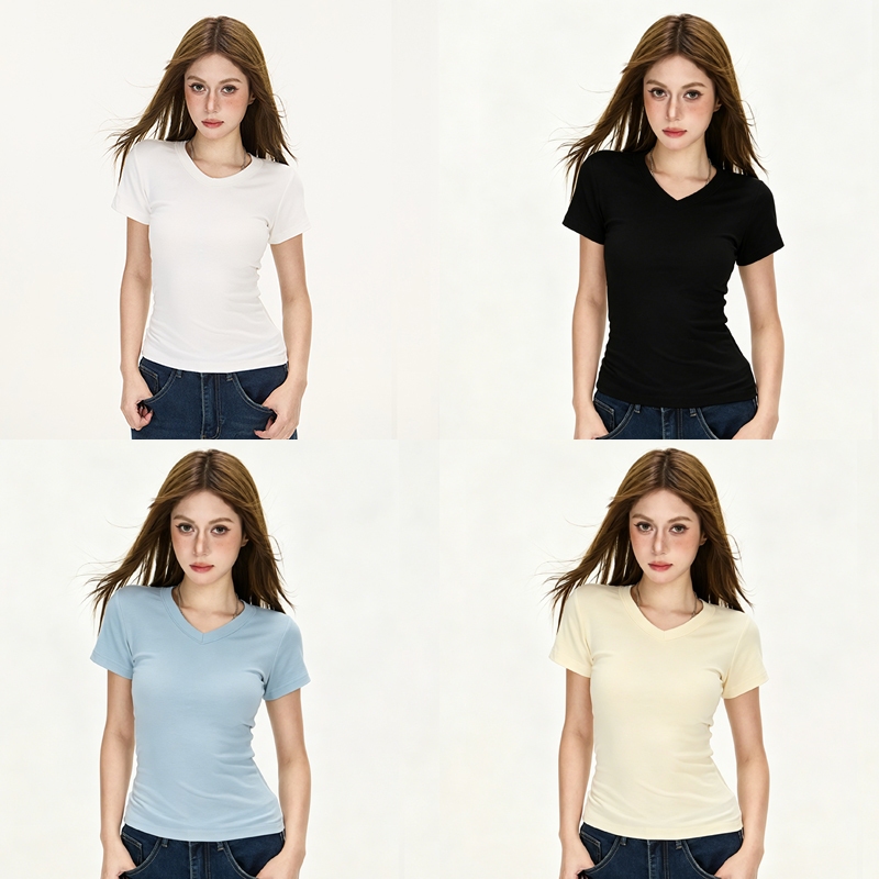 HELLDUL T0003 เสื้อยืดแขนสั้นคอกลมผู้หญิง ทรงรัดรูปสีพื้น ผ้านุ่ม มีหลายสี ส่งตรงจากไทย