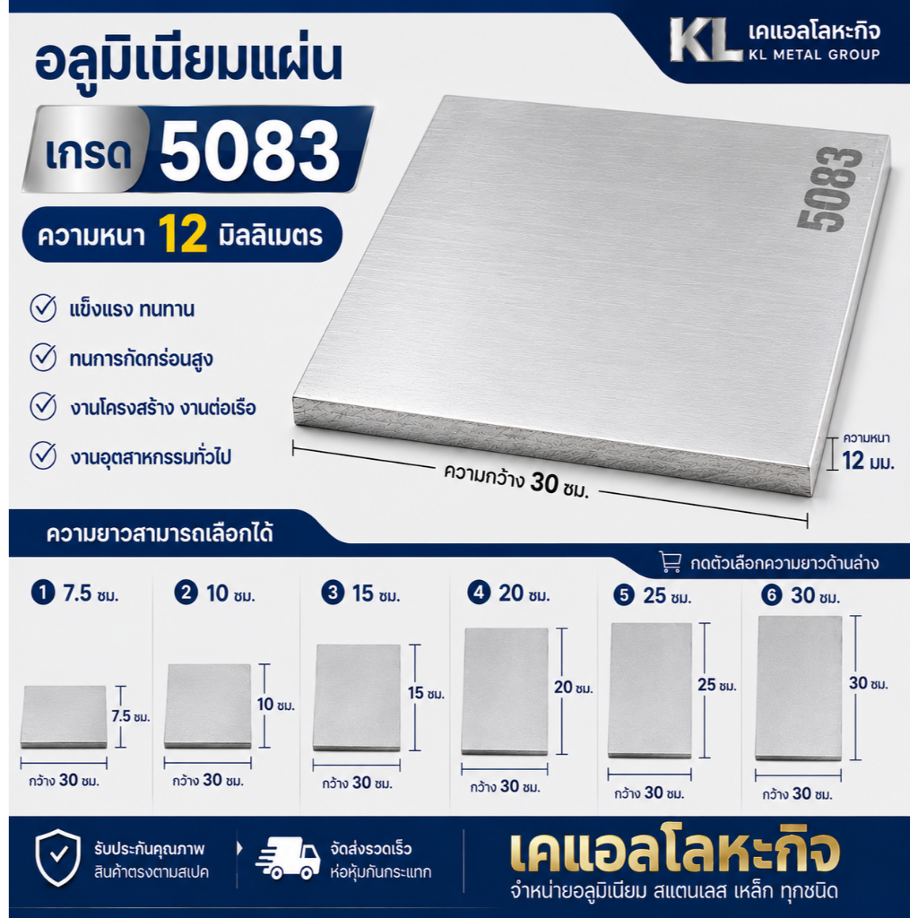 แผ่นอลูมิเนียม 5083 หนา 12 มม. กว้าง 300 มม. AL5083 เลือกความยาวได้