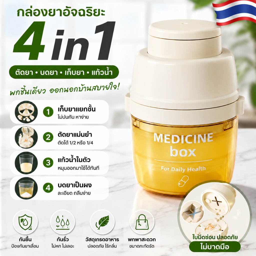 กล่องยา 4 in1 ตัดยา บดยา แก้วน้ำในตัว พกพากันชื้น วัสดุเกรดอาหาร