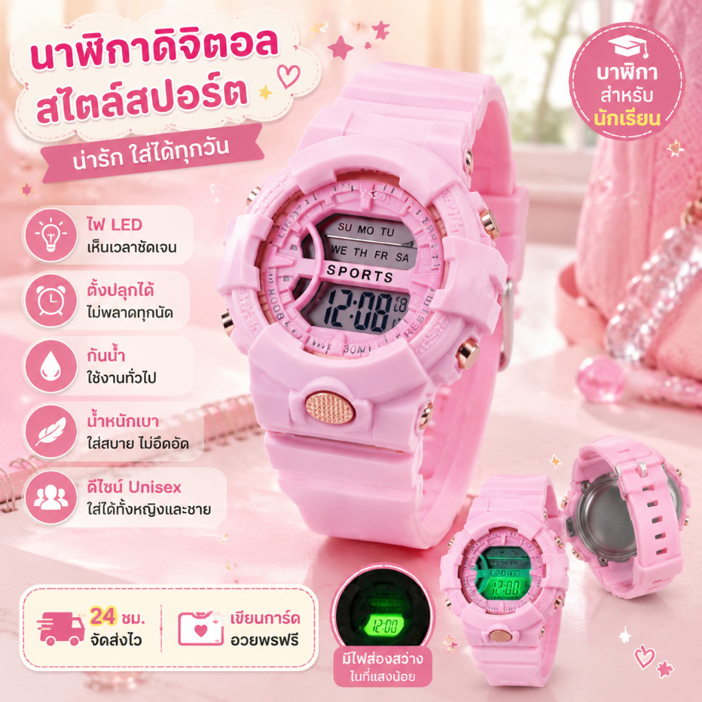 นาฬิกาดิจิตอลแฟชั่น สีขาว/พาสเทล สไตล์เกาหลี มีไฟ ตั้งปลุกได้ ของใช้สำหรับนักเรียน