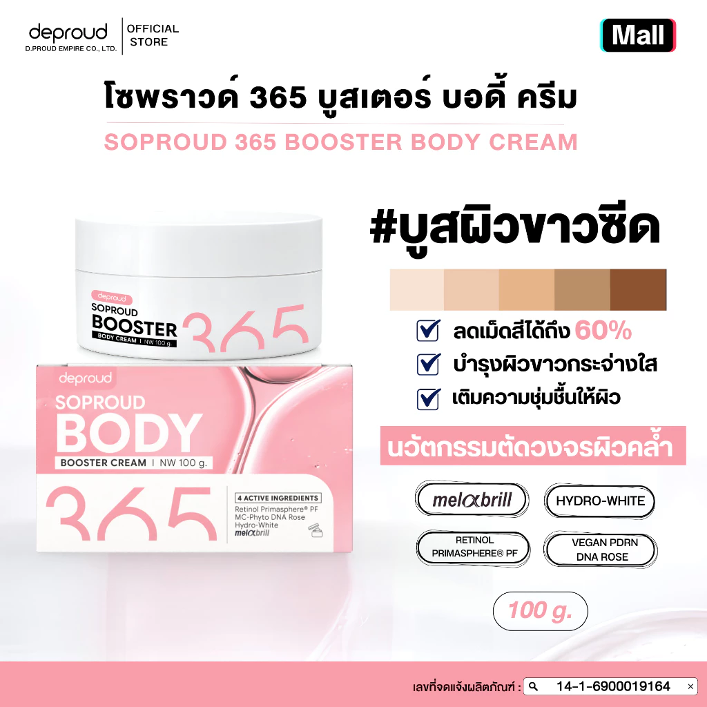 Deproud Official Store -(ช้อปปี้การันตี)-ดีพราวด์ - DEPROUD SOPROUD365 (บูสเตอร์ทาบำรุงผิวกาย เท่านั้น) ขนาด 100 กรัม