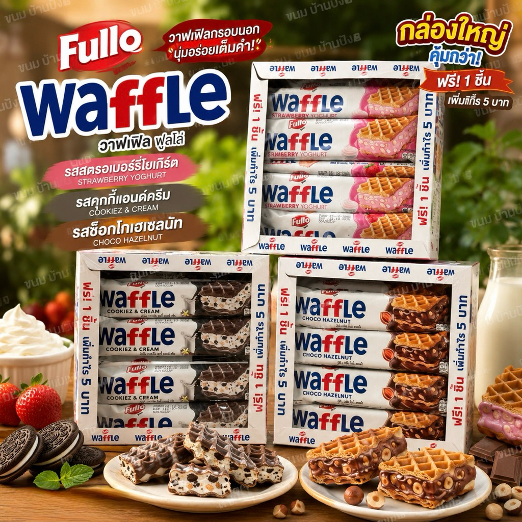 Fullo Waffle ฟูลโล วาฟเฟิล ขนมเวเฟอร์กรุบกรอบ สอดไส้ความอร่อยแบบเข้มข้น 1 กล่อง 12 ชิ้น ( ขนาด 19 กรัม/ชิ้น)