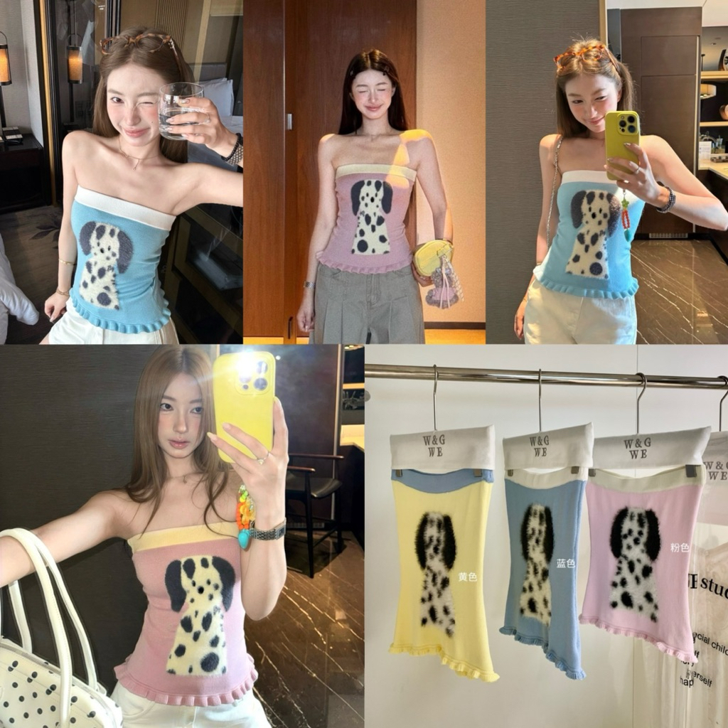 พร้อมส่ง 10363#เสื้อเกาะอกไหมพรม ทอลายช่วงอก เนื้อผ้าดี งานสวย TAG : WG.WE