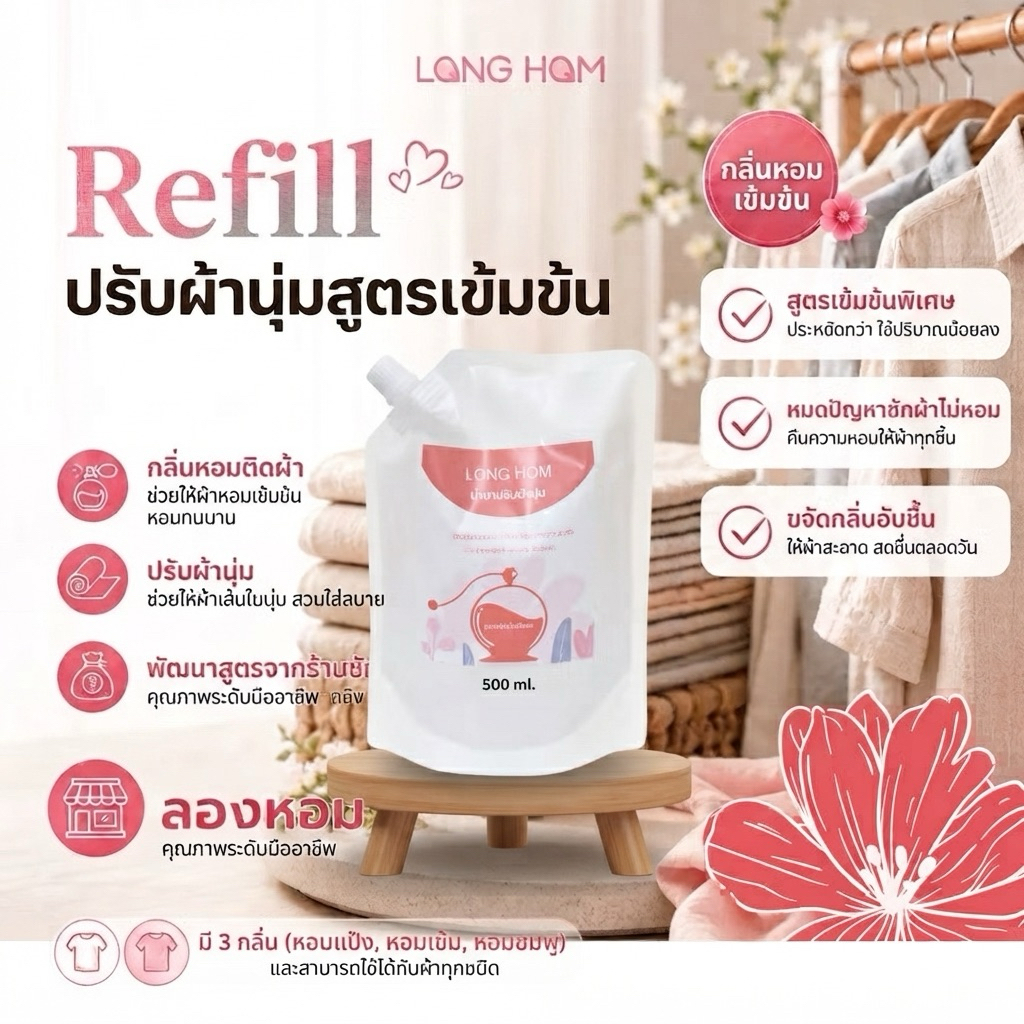 น้ำยาปรับผ้านุ่ม 500ml. สูตรเข้มข้นพิเศษ LONG HOM